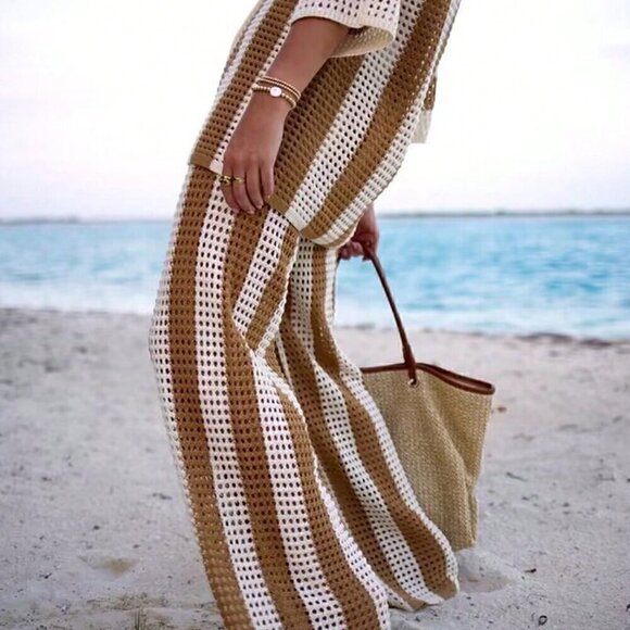 Casual Women's Beach Hollow Knitted Striped Button Down Top And Long Pants Set - Picture 5 of 5